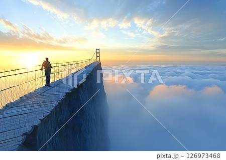 Man traversing a bridge over clouds at sunrise symbolizing aspiration 126973468