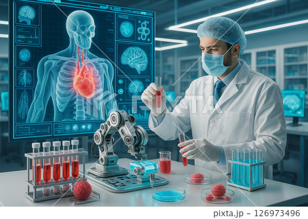 AI generated scene of a futuristic biotech lab featuring a male scientist in surgical gear analyzing samples near a robotic arm and a holographic heart display AI generated scene of a futuristic biotech lab featuring a male scientist in surgical gear analyzing samples near a robotic arm and a holographic heart display 126973496