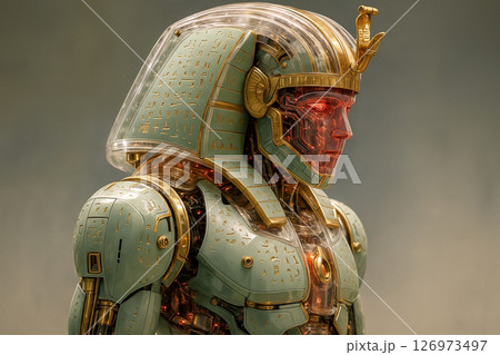 AI generated image of a male android inspired by ancient Egyptian pharaohs with visible circuits glowing red and decorated with green metallic armor engraved in hieroglyphs symbolizing power 126973497