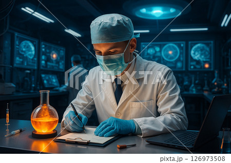 AI generated image of a focused young male scientist working in a high tech laboratory filled with glowing equipment showing innovation determination and futuristic research 126973508