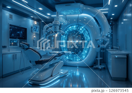 AI generated futuristic dental clinic interior with high tech equipment robotic arms and diagnostic scanner symbolizing advanced AI powered healthcare in a clean and professional setting AI generated futuristic dental clinic interior with high tech equipment robotic arms and diagnostic scanner symbolizing advanced AI powered healthcare in a clean and professional setting 126973545