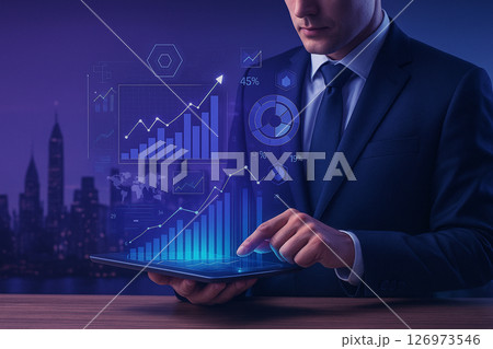 AI generated image showing a businessman using a tablet with floating graphs charts and metrics representing strategic data analysis and futuristic business planning 126973546