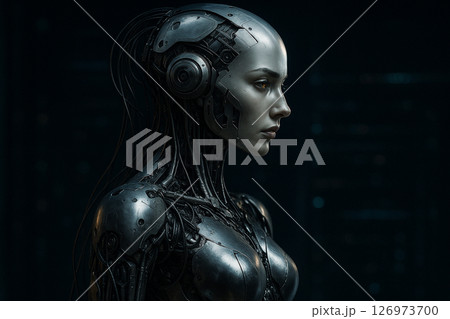 AI generated futuristic female android with silver metal skin and exposed circuits standing in a dim digital background expressing intelligence and inner power AI generated futuristic female android with silver metal skin and exposed circuits standing in a dim digital background expressing intelligence and inner power 126973700