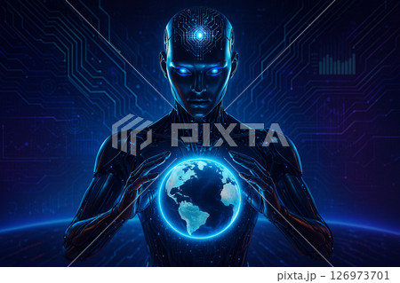 AI generated image of a futuristic humanoid robot holding a glowing Earth in its hands surrounded by digital circuits showing advanced global intelligence AI generated image of a futuristic humanoid robot holding a glowing Earth in its hands surrounded by digital circuits showing advanced global intelligence 126973701