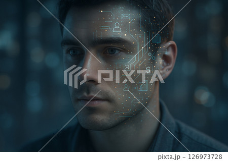 AI generated close-up of a human face merged with glowing digital circuits representing advanced thinking learning and artificial intelligence in futuristic concept 126973728