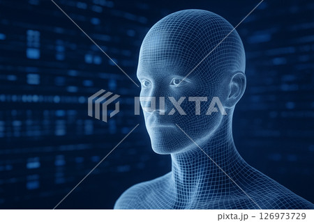 AI generated hyper realistic digital wireframe of a human face glowing in white against a deep blue tech-inspired background representing artificial intelligence and data networks 126973729