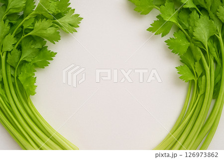 Fresh celery pile with water drops top view 126973862