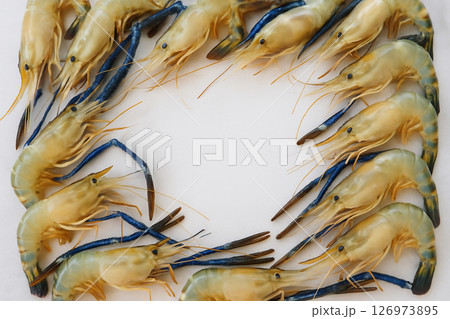 Fresh giant river prawns whole top view white Fresh giant river prawns whole top view white 126973895