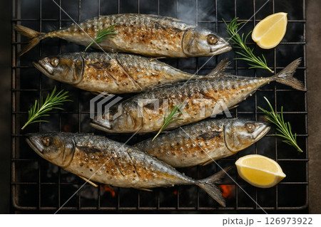 Grilled mackerel on charcoal with rosemary Grilled mackerel on charcoal with rosemary 126973922