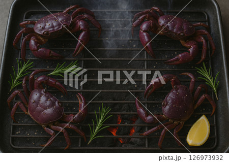 Grilled mangrove crab on charcoal with rosemary Grilled mangrove crab on charcoal with rosemary 126973932