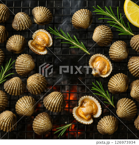 Grilled blood cockles on charcoal with rosemary 126973934