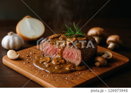 Medium rare steak on wooden board mushroom gravy Medium rare steak on wooden board mushroom gravy 126973948