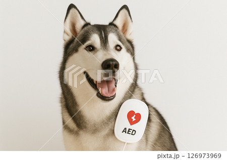 Smiling siberian husky AED defibrillator on white 126973969