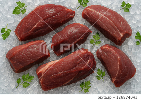 AI generated top view of raw wild boar meat cuts on crushed ice with green herbs in bright daylight showing freshness natural texture tenderness and a clean cold presentation AI generated top view of raw wild boar meat cuts on crushed ice with green herbs in bright daylight showing freshness natural texture tenderness and a clean cold presentation 126974043