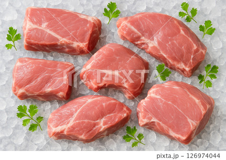 AI generated top view of raw goat meat cuts placed on crushed ice with green herbs in bright daylight capturing freshness natural appeal clean texture and appetizing cool presentation AI generated top view of raw goat meat cuts placed on crushed ice with green herbs in bright daylight capturing freshness natural appeal clean texture and appetizing cool presentation 126974044