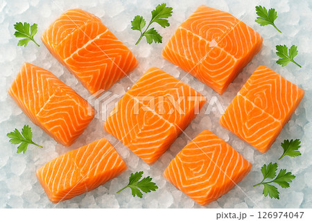 AI generated vibrant raw salmon fillets placed on crushed ice in top view with daylight showing natural freshness marbling contrast and cool atmosphere with scattered green herbs enhancing appeal 126974047