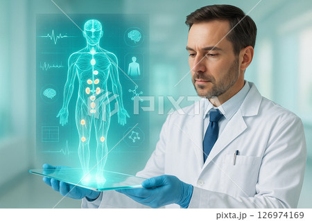 AI generated futuristic medical scene showing a doctor using a transparent tablet displaying a glowing 3D human endocrine system with pulse and neural data 126974169
