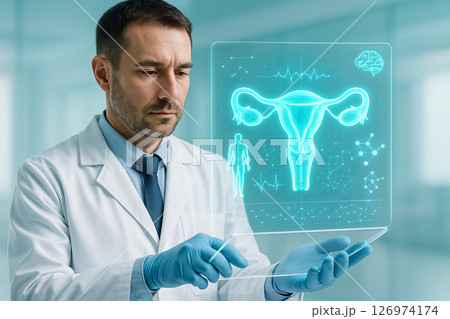 AI generated realistic sci fi medical scene showing doctor using transparent tablet projecting glowing 3D human reproductive system with biometric data in a clean modern lab environment 126974174