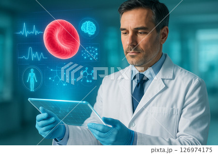 AI generated realistic sci-fi healthcare scene showing a doctor using a digital holographic tablet with biometric data visuals in a clean futuristic environment 126974175