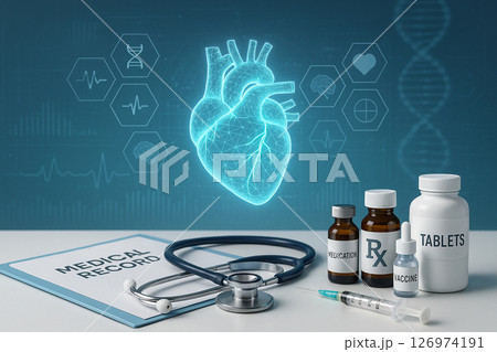 AI generated image of a digital human heart with medical tools and data symbols representing modern healthcare diagnostics and advanced medical technology. 126974191