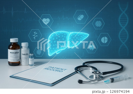 AI generated digital liver scan with medical tools and data icons highlighting advanced diagnostics in a modern healthcare environment 126974194