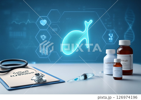 AI generated medical diagnostic scene with a focus on gallbladder analysis. It features medical icons, health tech, and clinical tools, portraying modern healthcare and advanced research. 126974196