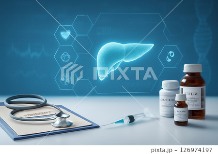 AI generated digital composite showcasing modern pancreatic health analysis with medical tools like syringes, stethoscopes, and medications, surrounded by glowing medical data, DNA structures 126974197