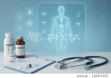 AI generated digital medical image showing the human endocrine system in a clinical setting with futuristic data and healthcare technology AI generated digital medical image showing the human endocrine system in a clinical setting with futuristic data and healthcare technology 126974205