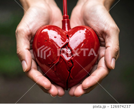 AI generated heart-shaped blood bag donating to the earth, half vibrant and fertile, half dark and barren. Symbolizes life, hope, and global impact of blood donation. 126974237