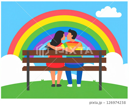 AI generated loving LGBTQ couple lady boy in feminine attire and a man in a rainbow shirt embracing on field with a rainbow sky. Represents diversity, acceptance, and romantic love. 126974238