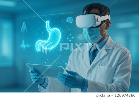 AI generated image of a high tech doctor using VR headset to analyze a glowing 3D human stomach hologram in a digital healthcare environment 126974260