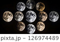 A decorative arrangement of illuminated spheres resembling moons, featuring different shades of light against a dark backdrop, creating a celestial pattern. 126974489