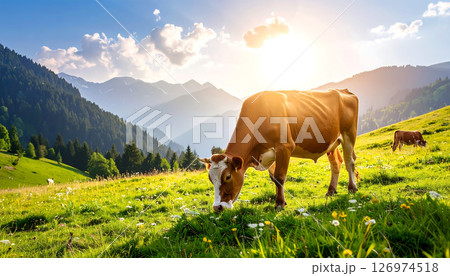 A brown cow grazing in a sunny mountain meadow with other cows and trees in the distance. 126974518