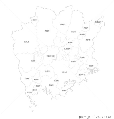 岡山県と市町村の白地図 岡山県と市町村の白地図 126974558