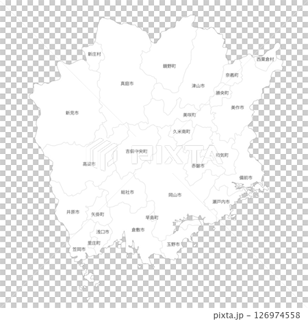 岡山県と市町村の白地図 岡山県と市町村の白地図 126974558