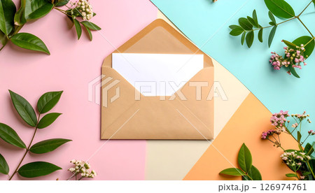 Blank white card in a brown envelope with green leaves and pink flowers on a colorful background. Blank white card in a brown envelope with green leaves and pink flowers on a colorful background. 126974761