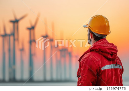 Innovative Green Labor and Technology at Wind Farm During Sunset with Worker Observing Creation 126974776