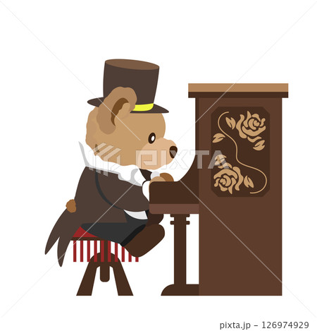 レトロなピアノを弾く、クマのぬいぐるみのイラスト 126974929