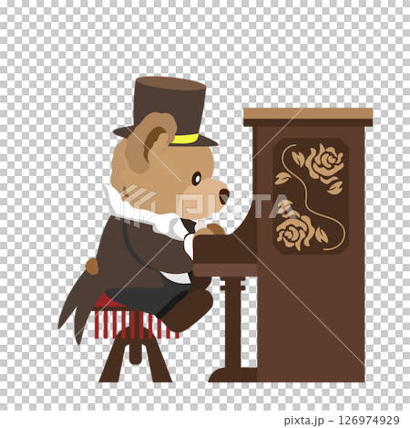 レトロなピアノを弾く、クマのぬいぐるみのイラスト 126974929