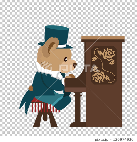 青いタキシードを着てピアノ演奏をするクマのぬいぐるみのイラスト 126974930
