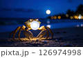 Crab on a beach at night, holding glowing orb, with moon and bokeh lights in background. 126974998