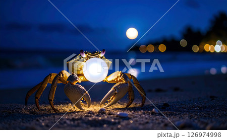 Crab on a beach at night, holding glowing orb, with moon and bokeh lights in background. Crab on a beach at night, holding glowing orb, with moon and bokeh lights in background. 126974998