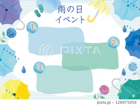 雨の日イベント　紫陽花と雨傘 水彩で描いた手書きイラスト チラシテンプレート 126975050