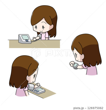 血圧を測る女性のイラスト3パターン 血圧を測る女性のイラスト3パターン 126975082