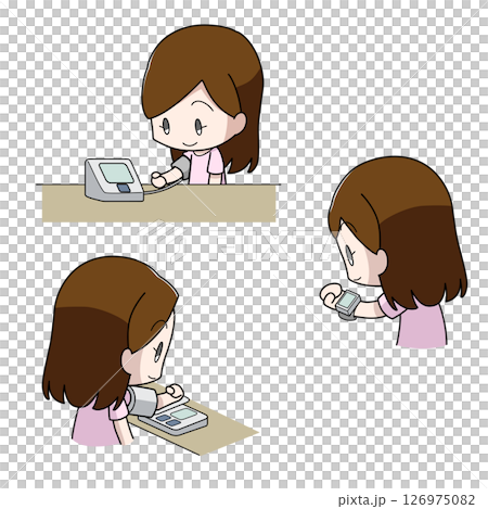 血圧を測る女性のイラスト3パターン 血圧を測る女性のイラスト3パターン 126975082