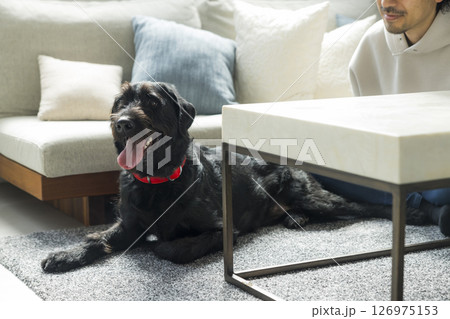 愛犬とくつろぐ男性　 126975153