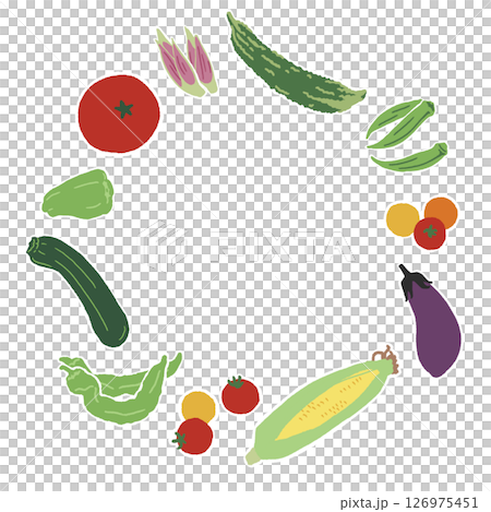 Round frame material made of hand-drawn summer vegetables Round frame material made of hand-drawn summer vegetables 126975451