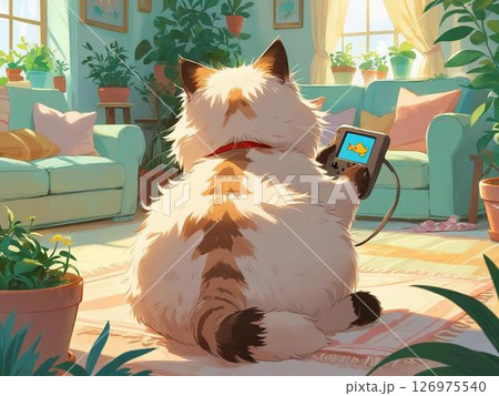 ゲームをするふわふわ猫と癒しのリビング 126975540