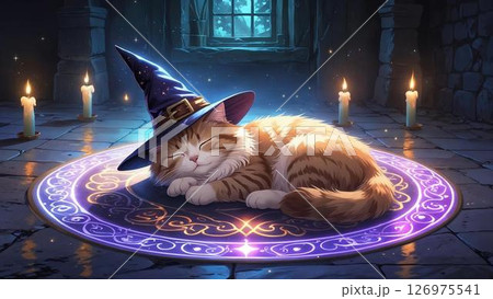 魔法陣の上で眠る魔法使いの猫 126975541