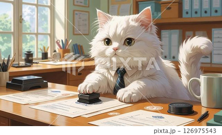 真面目な猫の事務員さん － 書類にしっかり押印中！ 126975543